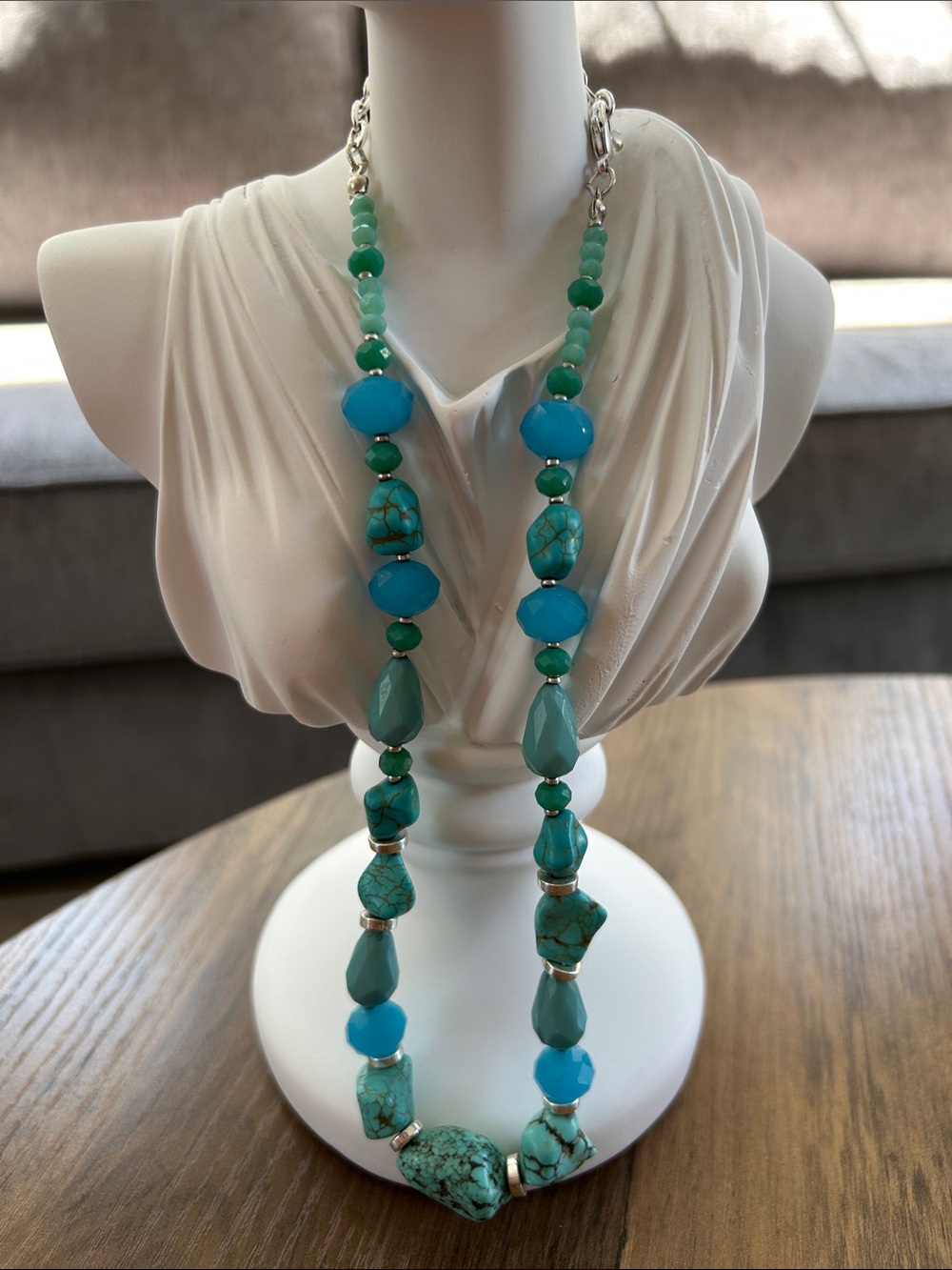 Turquoise and Teal Adjustable Beaded Necklace 16”